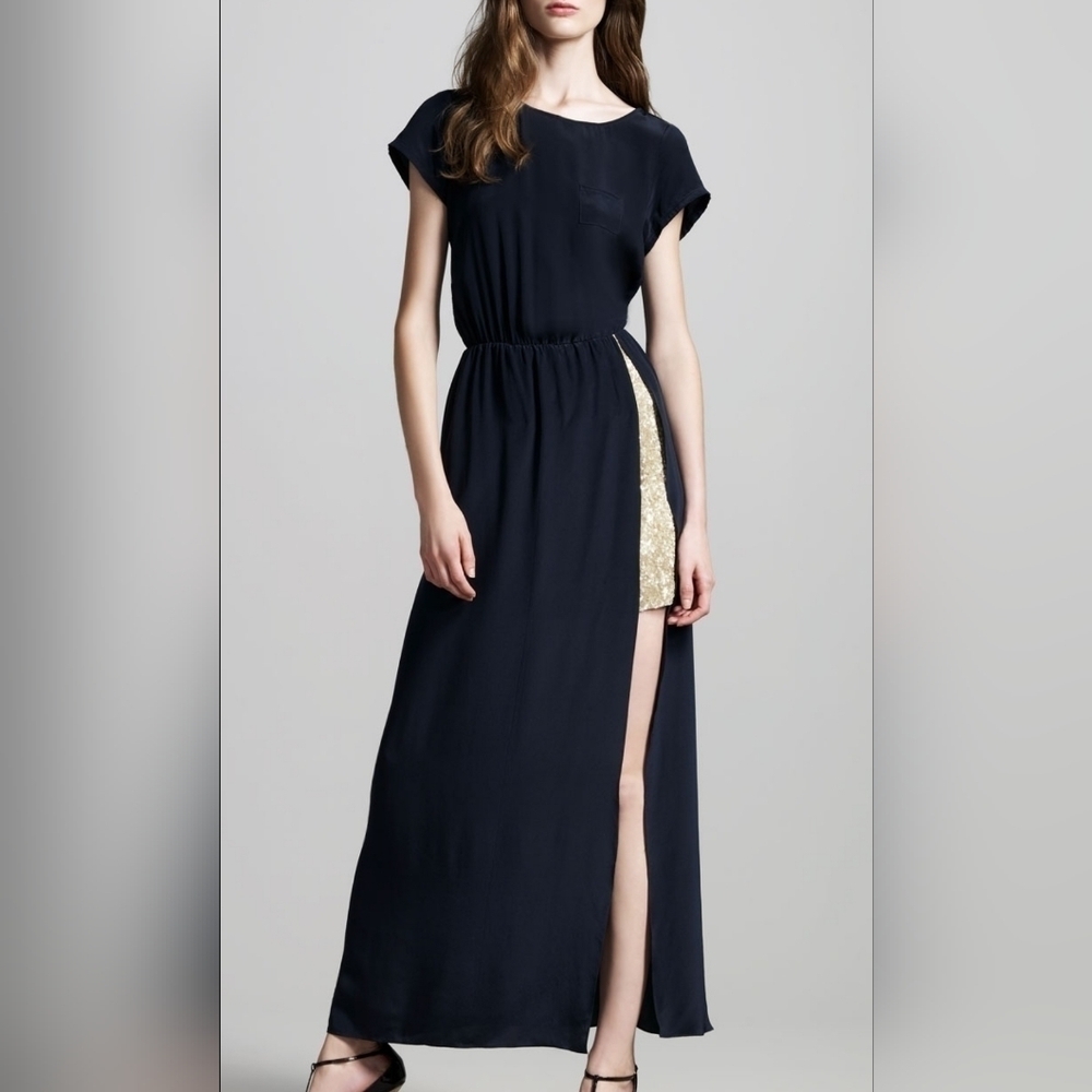 Gryphon dark blue gold sequin silk dress size L